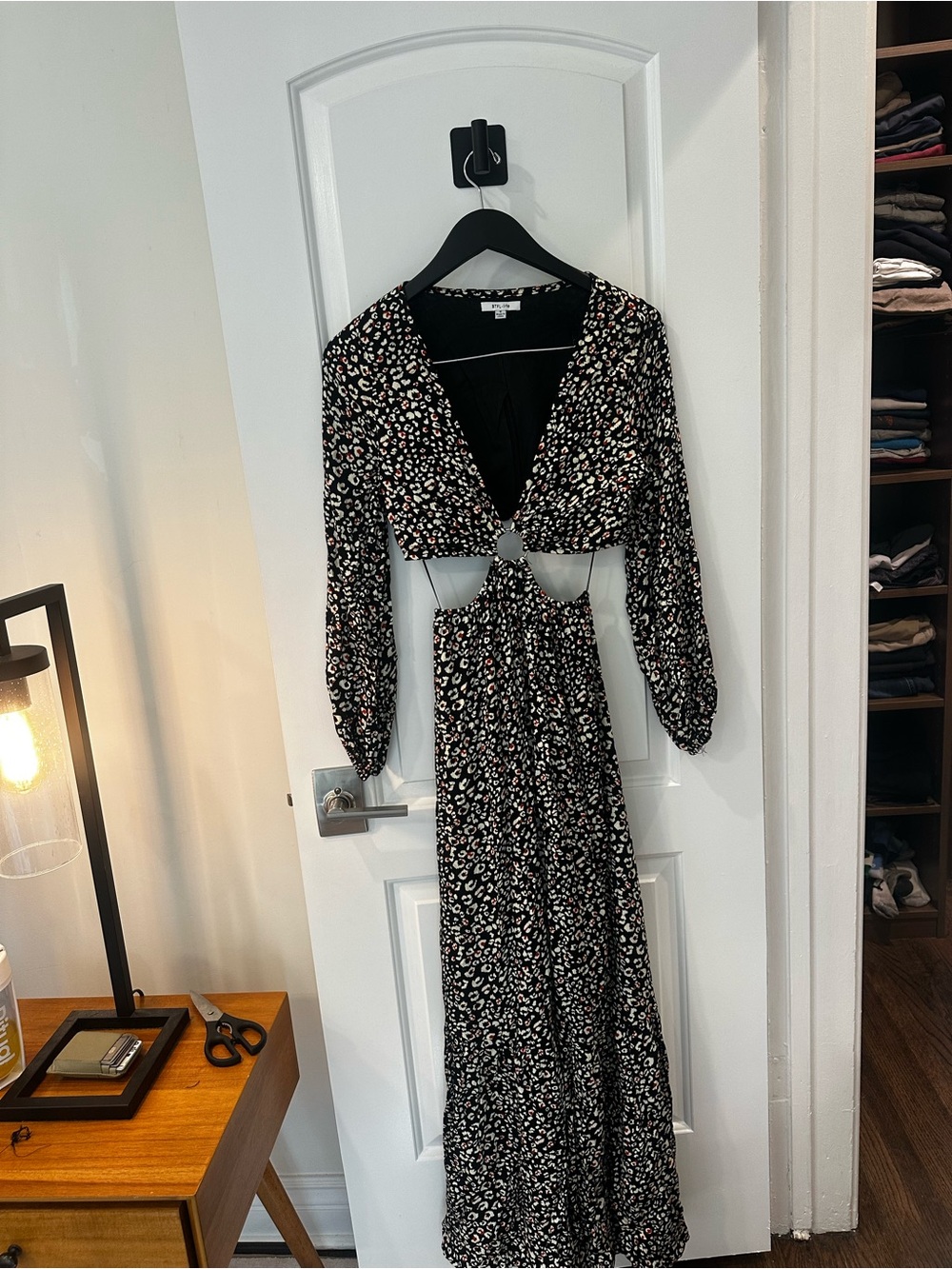 Black Floral Cutout Maxi Dress with Long Sleeves and Ring Detail